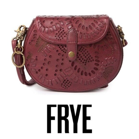 Frye Womens Brick Red Perforated Leather Fold Over Crossbody Handbag New - Picture 10 of 11